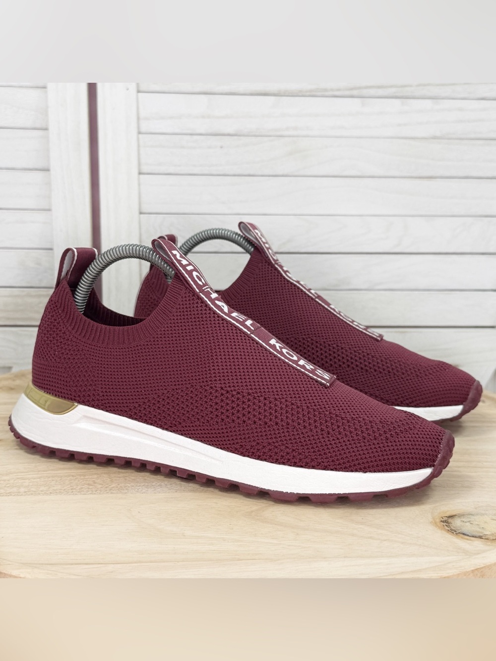 Michael Kors Bodie Logo Tape Knit Slip On Sneakers Burgundy Red 8